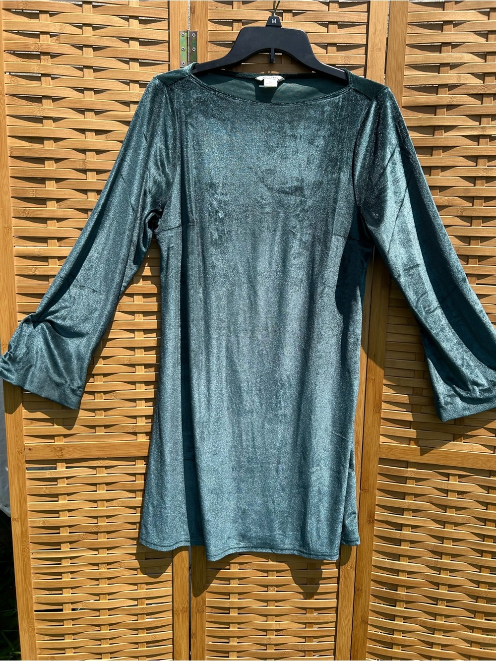 Long-Sleeve Velvet Shift Dress in Teal Green